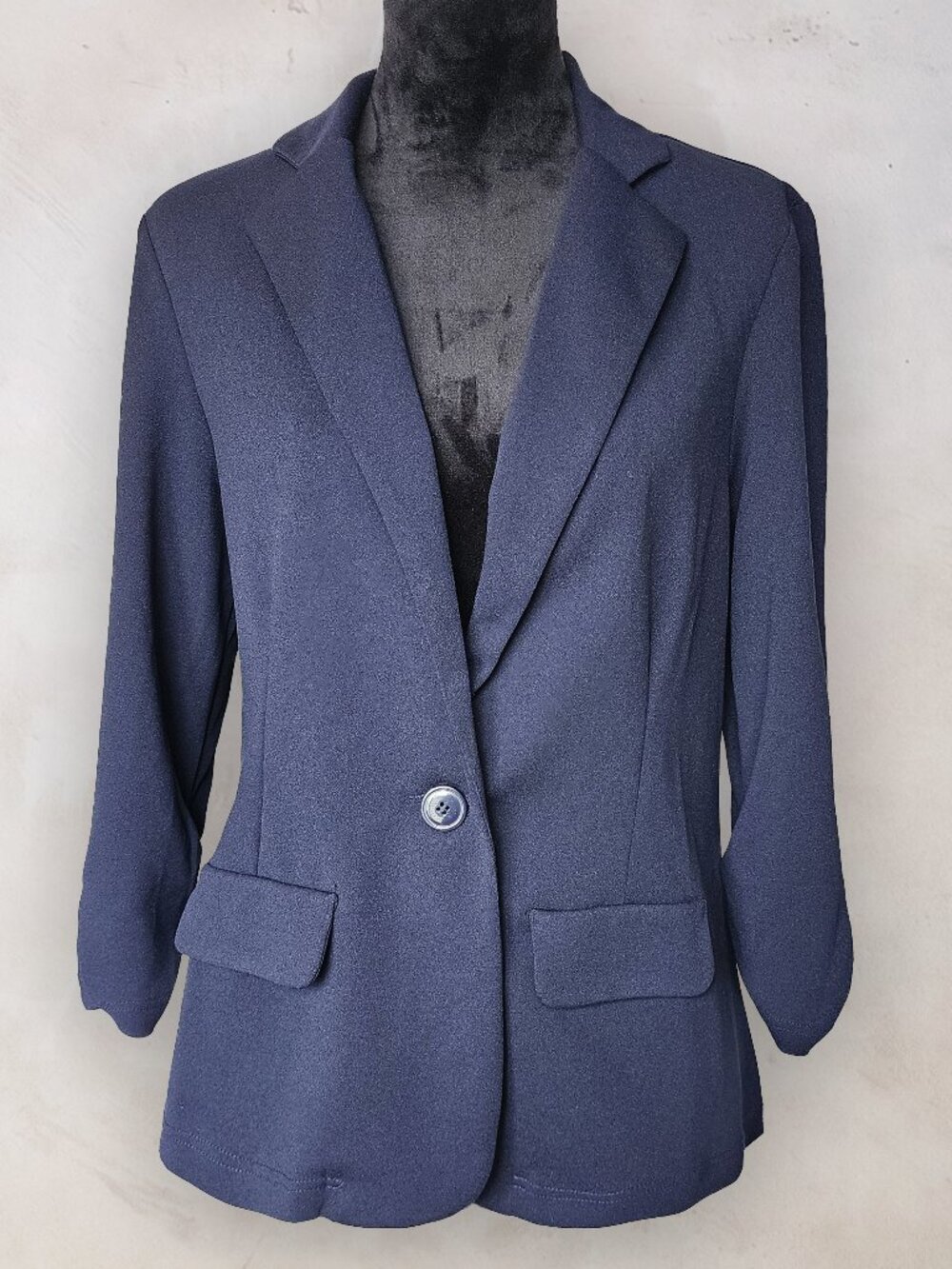 SOHO Apparel Navy Blue Single Button 3/4 Sleeve Knit Blazer Jacket